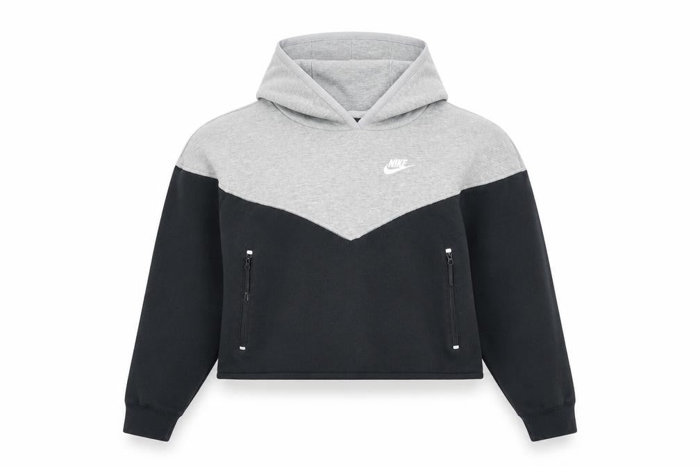 Front view of Nike Women’s Grey & Black Pullover Hoodie XS Zip Pocket Sweatshirt