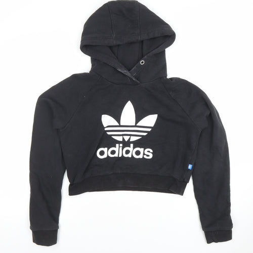 Adidas Women Black Hooded Pullover Sweatshirt Size 12 Logo Print