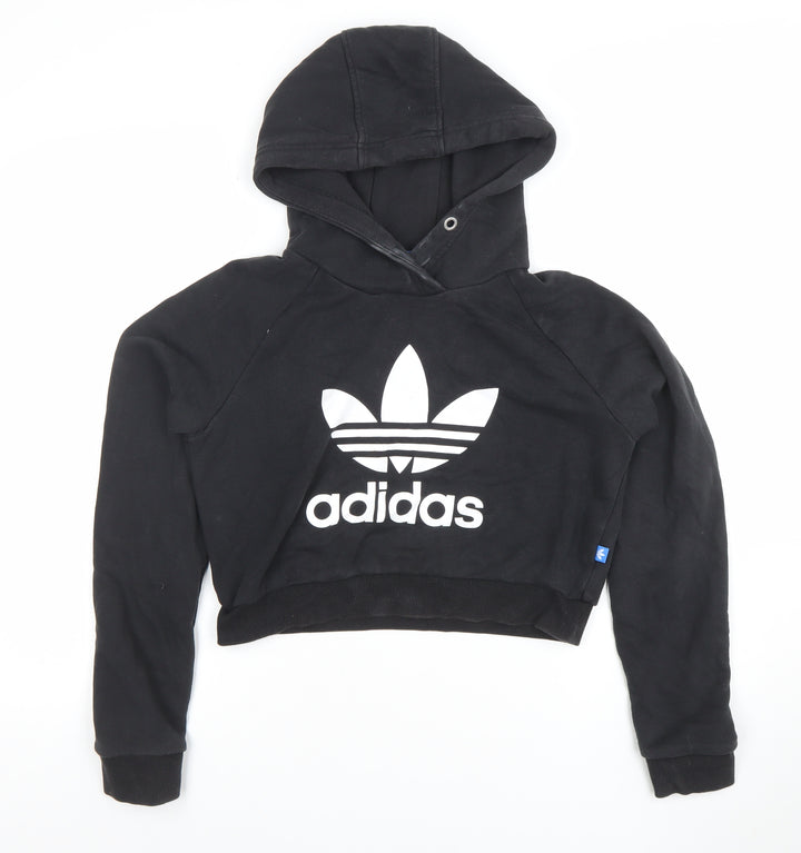 Adidas Women Black Hooded Pullover Sweatshirt Size 12 Logo Print