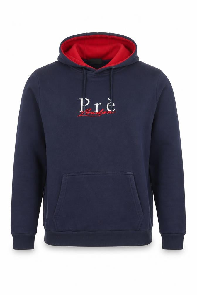 Front view of Pre London Men's Blue Pullover Hoodie M Embroidered Logo