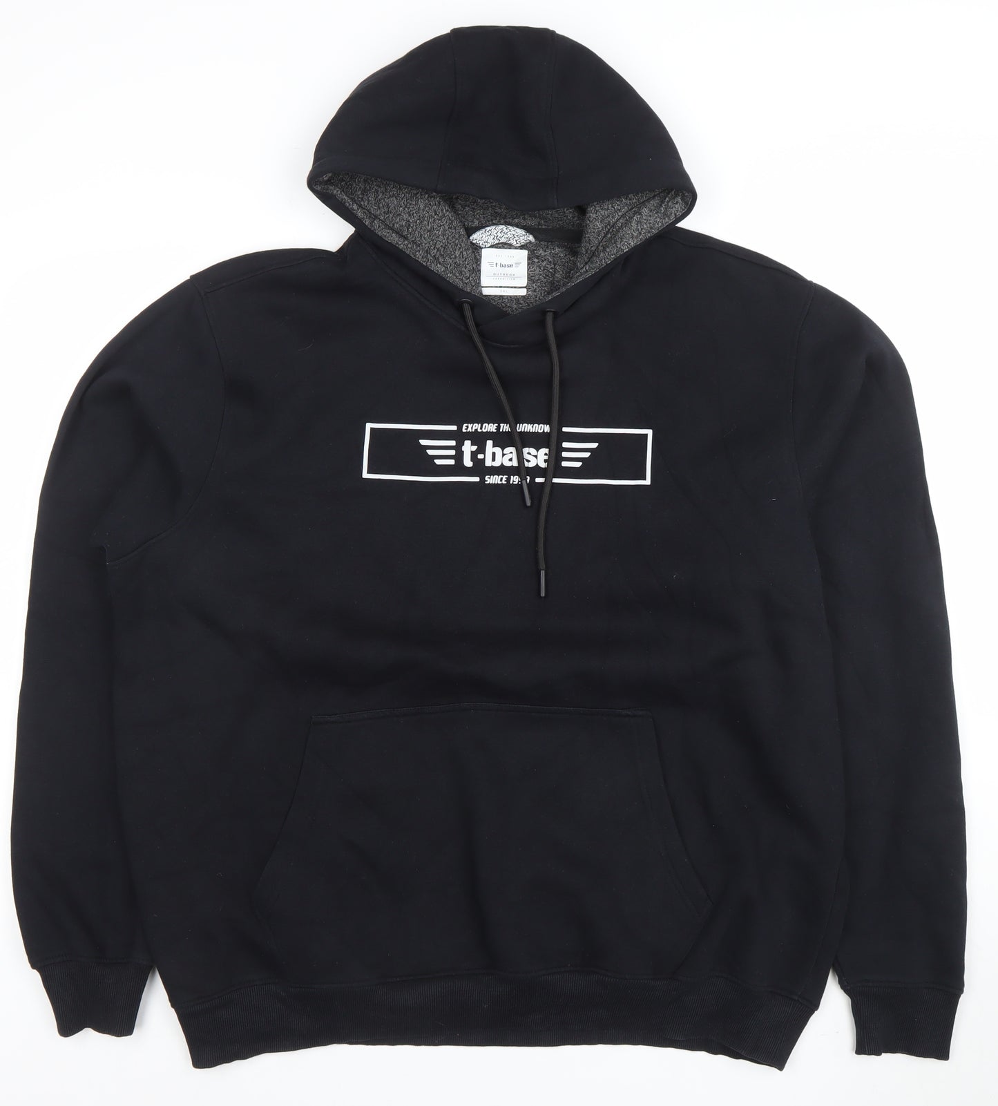 t-base Mens Black Pullover Hoodie L Fleece Logo Graphic Sweatshirt