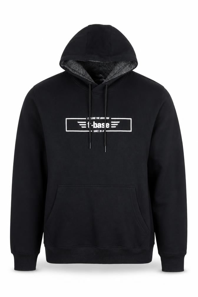 Front view of t-base men’s black pullover hoodie l fleece logo graphic sweatshirt