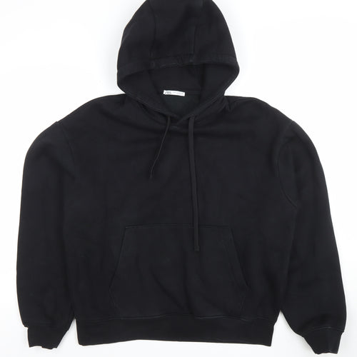 ZARA Men Black Pullover Hoodie M Regular Fleece Cotton Blend