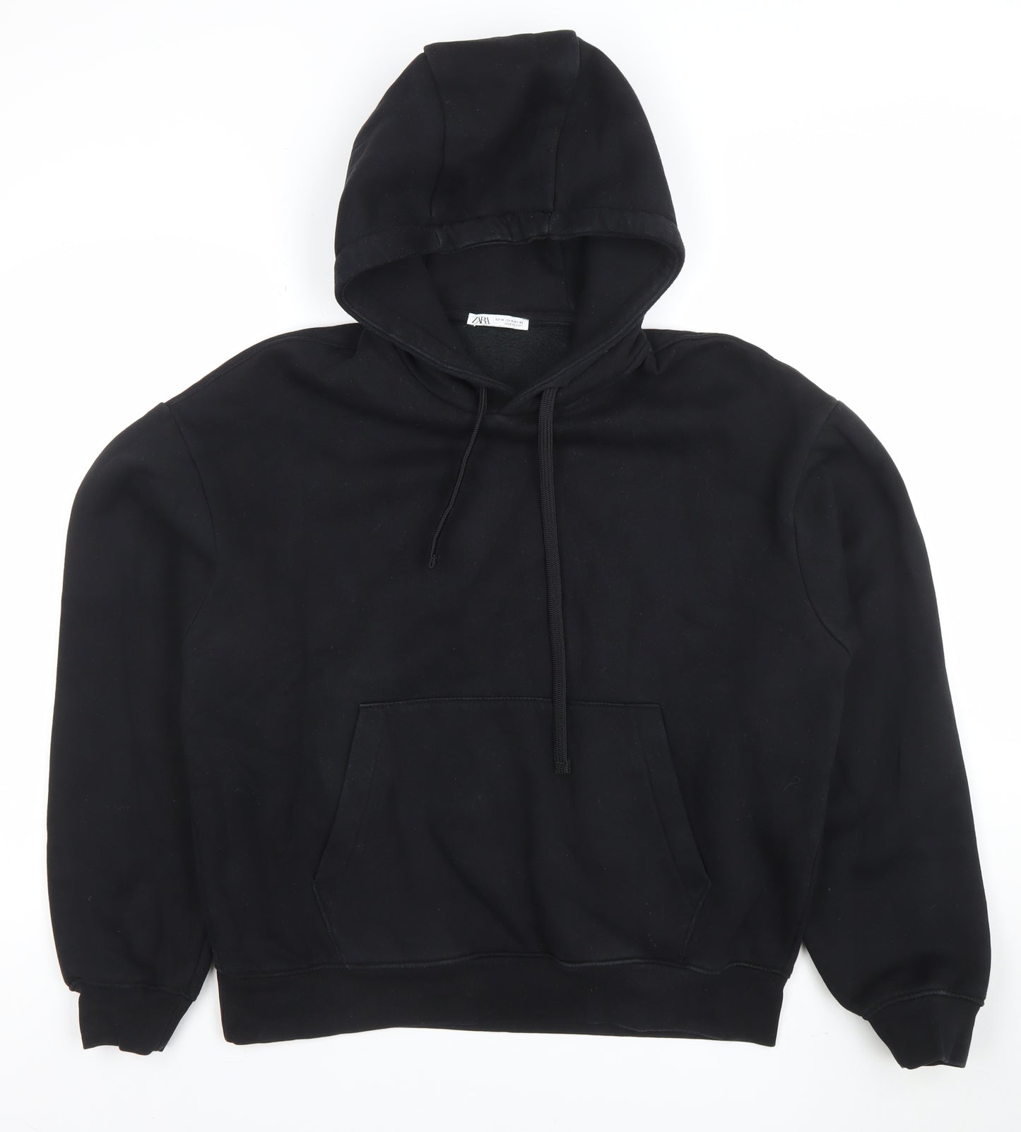 ZARA Men Black Pullover Hoodie M Regular Fleece Cotton Blend