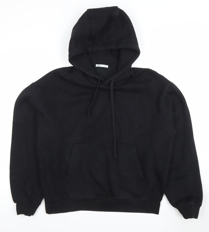 ZARA Men Black Pullover Hoodie M Regular Fleece Cotton Blend