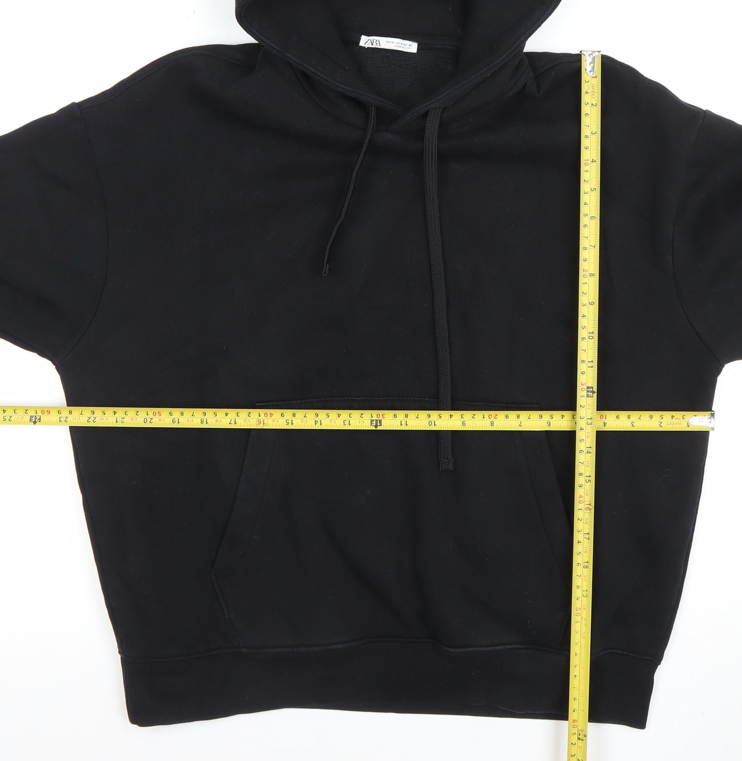 ZARA Men Black Pullover Hoodie M Regular Fleece Cotton Blend