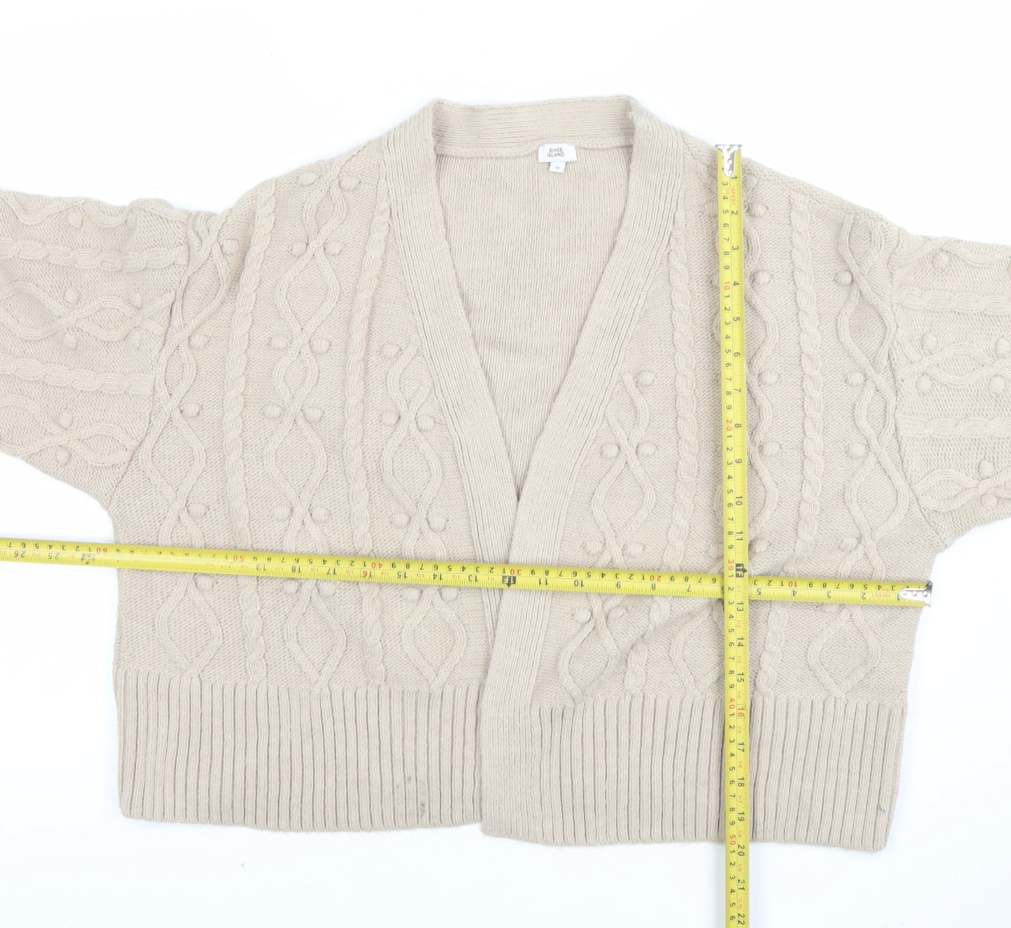 River Island Womens Beige Chunky Knit Cardigan M V-Neck Cable Knit