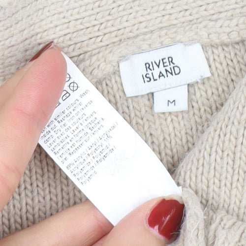 River Island Womens Beige Chunky Knit Cardigan M V-Neck Cable Knit