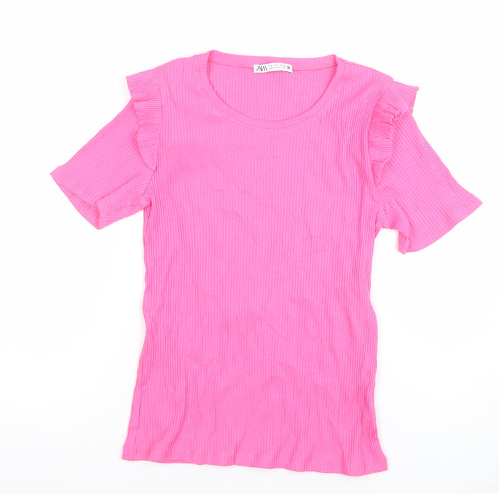 ZARA Women Pink Short Sleeve Ruffle Crew Neck Cotton T-Shirt Size S