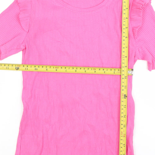 ZARA Women Pink Short Sleeve Ruffle Crew Neck Cotton T-Shirt Size S