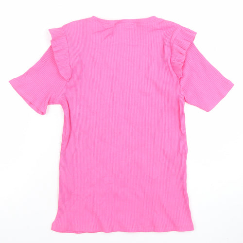 ZARA Women Pink Short Sleeve Ruffle Crew Neck Cotton T-Shirt Size S