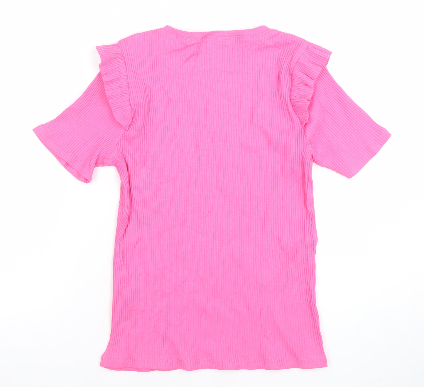 ZARA Women Pink Short Sleeve Ruffle Crew Neck Cotton T-Shirt Size S