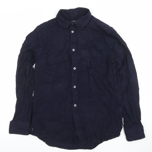 French Connection Men's Blue Linen Long Sleeve Regular Fit Button-Up Shirt M