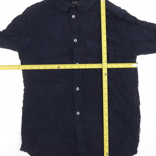 French Connection Men's Blue Linen Long Sleeve Regular Fit Button-Up Shirt M