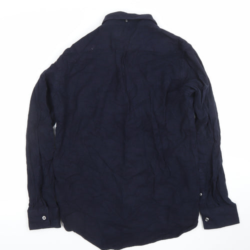 French Connection Men's Blue Linen Long Sleeve Regular Fit Button-Up Shirt M