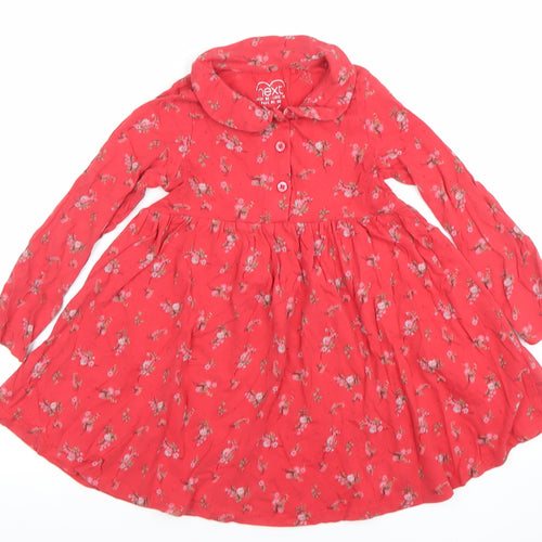 Next Girls Red Floral Cotton Skater Dress 4-5 Years Long Sleeve