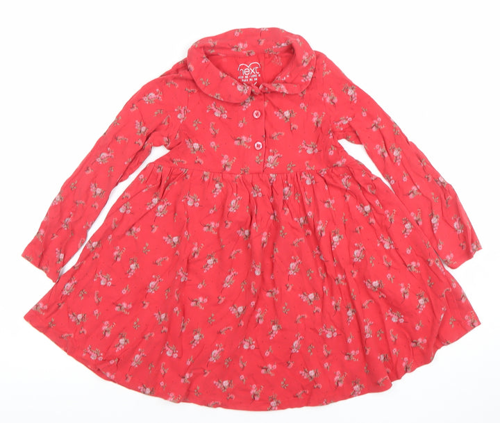 Next Girls Red Floral Cotton Skater Dress 4-5 Years Long Sleeve