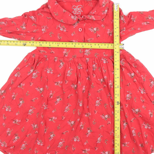 Next Girls Red Floral Cotton Skater Dress 4-5 Years Long Sleeve