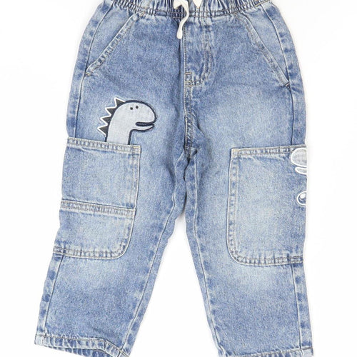 Dunnes Stores Boys Blue 18-24M Cargo Jeans Trousers with Dinosaur Design