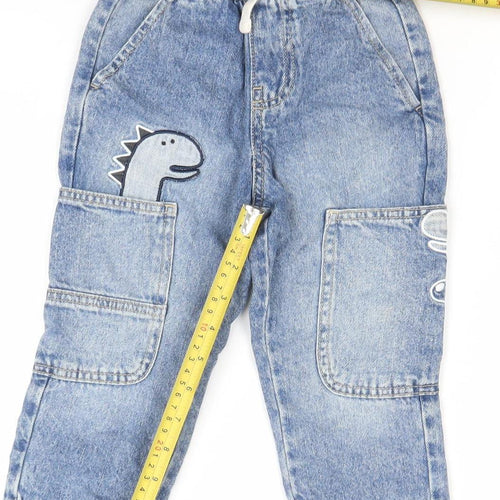 Dunnes Stores Boys Blue 18-24M Cargo Jeans Trousers with Dinosaur Design