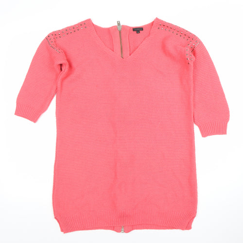 River Island Womens Pink V-Neck Studded Full Zip Knit Jumper Size 6