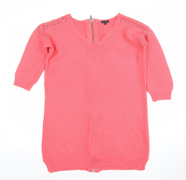 River Island Womens Pink V-Neck Studded Full Zip Knit Jumper Size 6