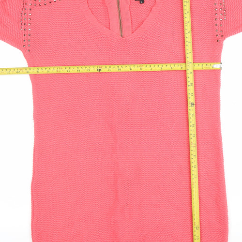 River Island Womens Pink V-Neck Studded Full Zip Knit Jumper Size 6