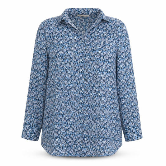 Front view of Rowen Avenue Women's Blue Floral Button-Up Shirt, size M, Long Sleeve