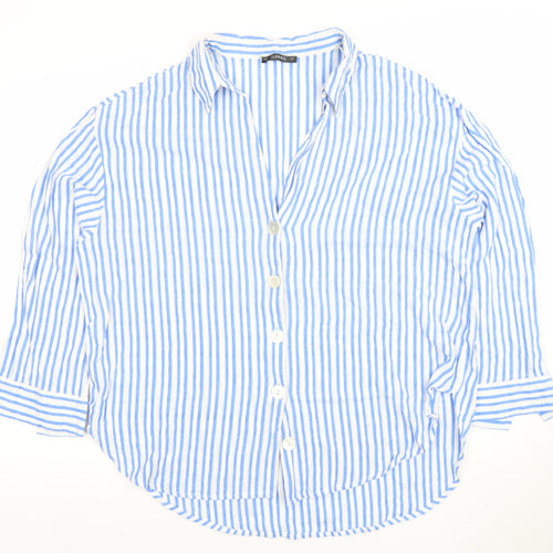 Dunnes Women Blue Striped 3/4 Sleeve Cotton Button-Up Shirt L