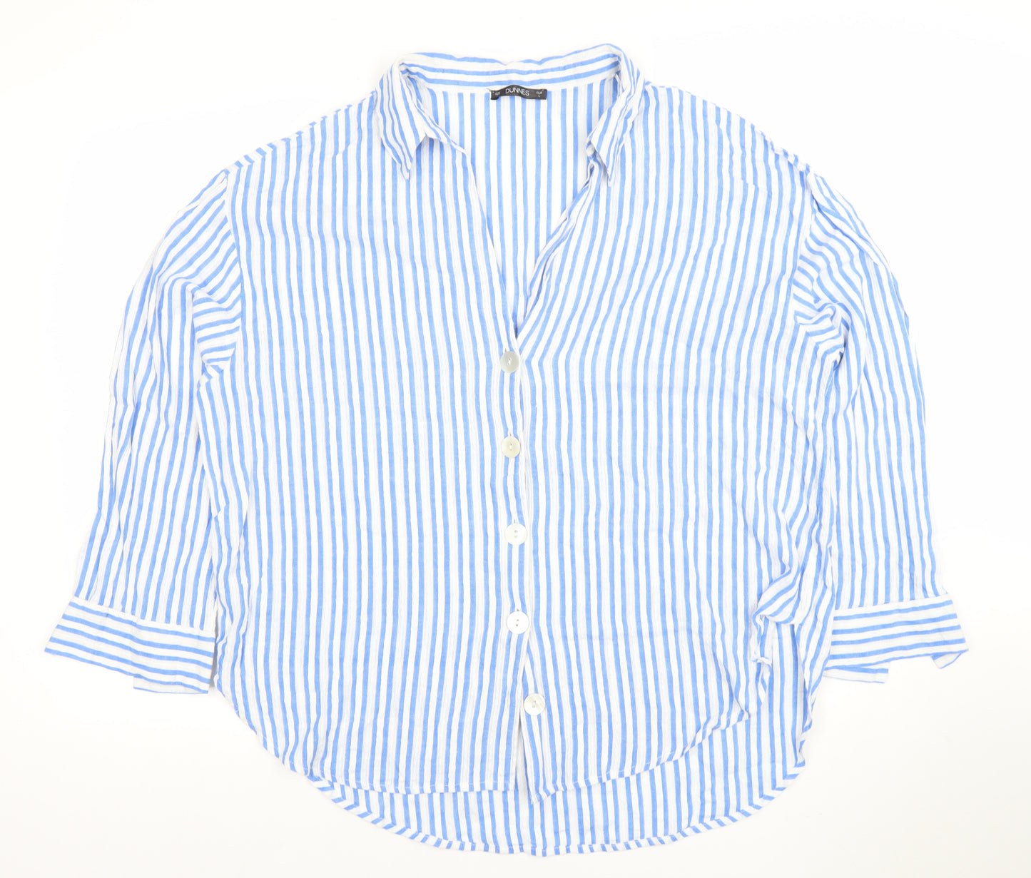 Dunnes Women Blue Striped 3/4 Sleeve Cotton Button-Up Shirt L