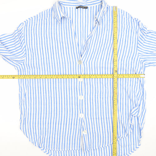 Dunnes Women Blue Striped 3/4 Sleeve Cotton Button-Up Shirt L