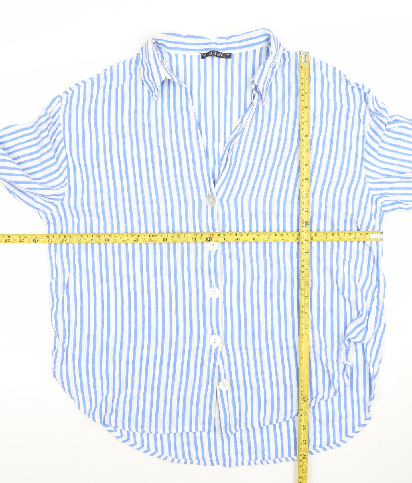 Dunnes Women Blue Striped 3/4 Sleeve Cotton Button-Up Shirt L