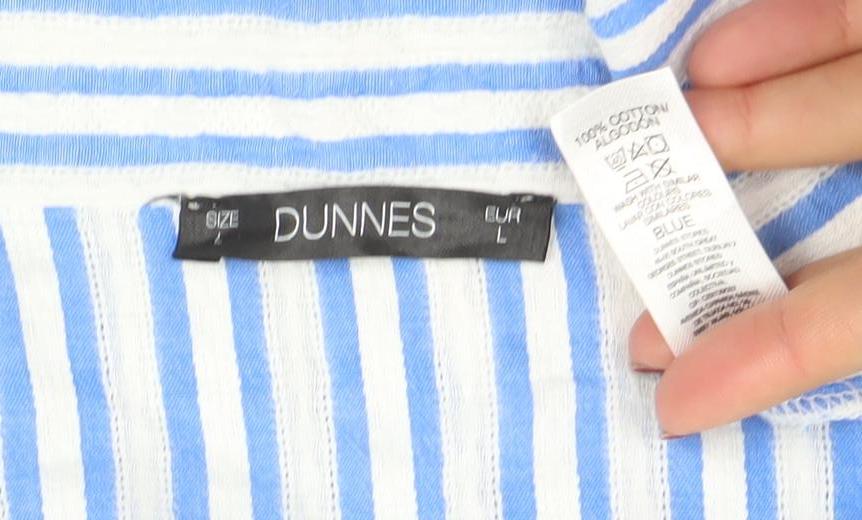Dunnes Women Blue Striped 3/4 Sleeve Cotton Button-Up Shirt L