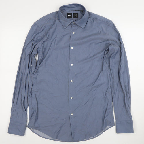 BOSS Men's Blue Slim Fit Long Sleeve Formal Dress Shirt Size M 40cm