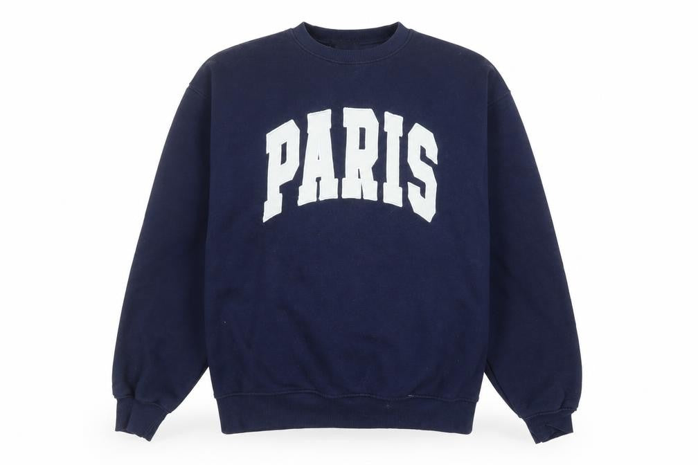 Front view of Stradivarius unisex blue paris graphic pullover sweatshirt, size S