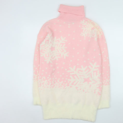 Boohoo Women Pink Roll Neck Snowflake Knit Jumper Size M