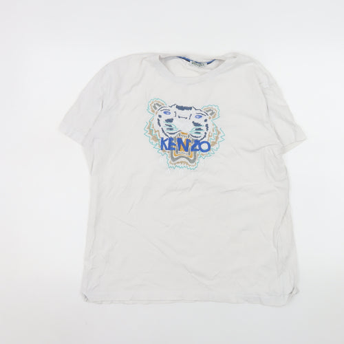 Kenzo Men's White Tiger Logo Embroidered Cotton T-Shirt L