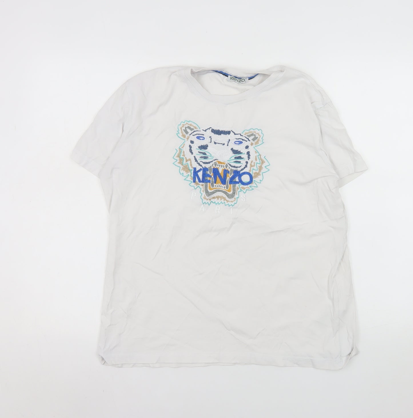 Kenzo Men's White Tiger Logo Embroidered Cotton T-Shirt L
