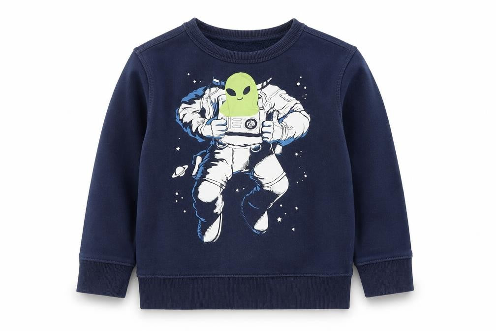 Front view of Gap boys’ blue space alien astronaut pullover sweatshirt 5 years fleece