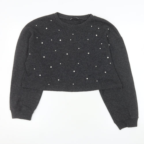 Zara Women Grey Beaded Knit Pullover Jumper Size L