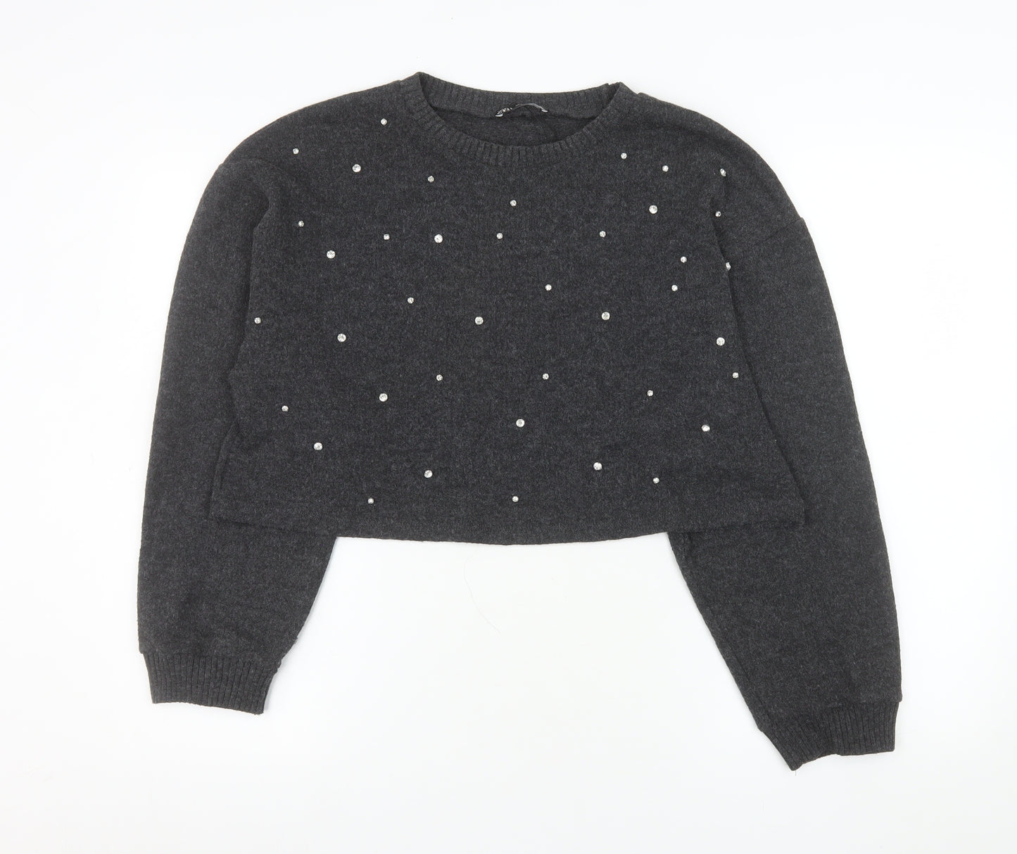 Zara Women Grey Beaded Knit Pullover Jumper Size L