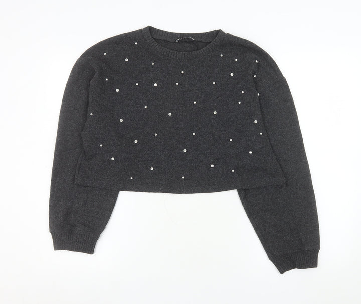 Zara Women Grey Beaded Knit Pullover Jumper Size L