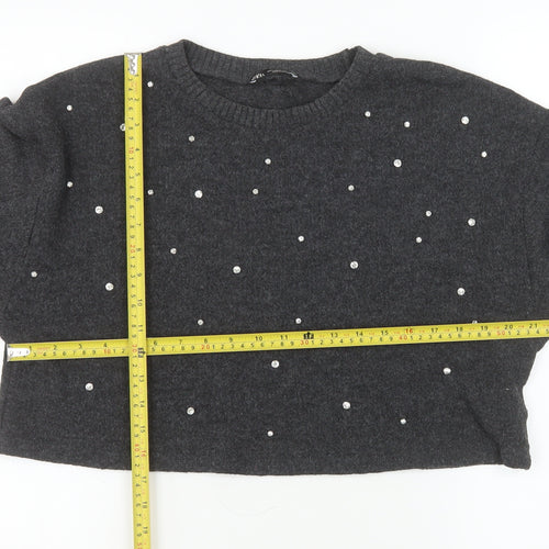Zara Women Grey Beaded Knit Pullover Jumper Size L