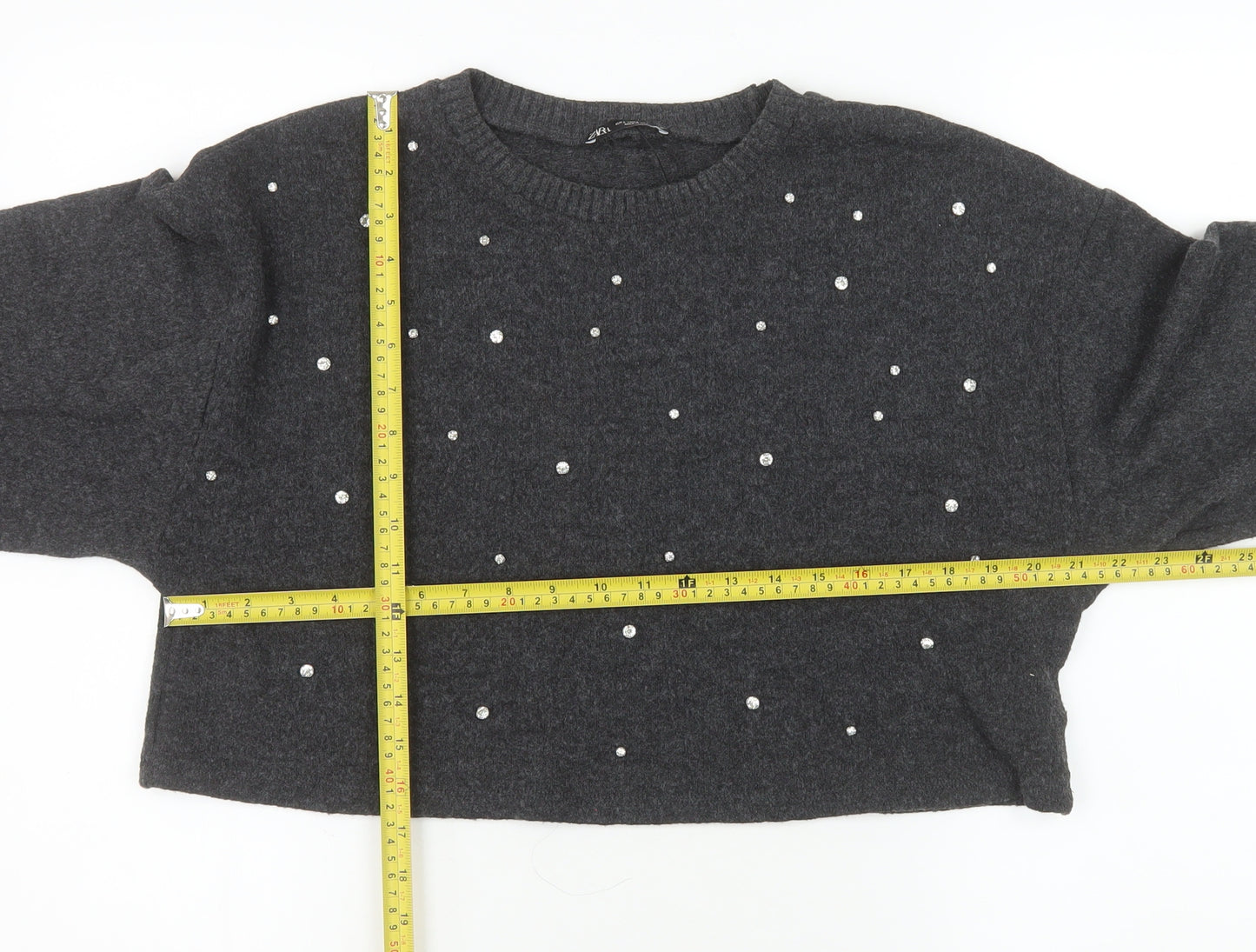 Zara Women Grey Beaded Knit Pullover Jumper Size L
