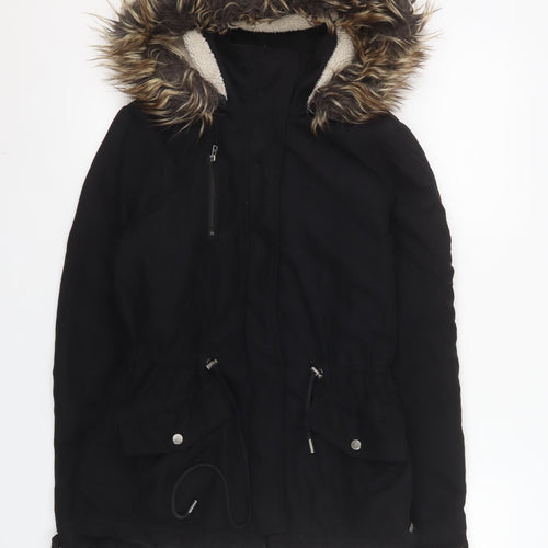 ONLY Womens Black Hooded Faux Fur Trim Parka Jacket XS