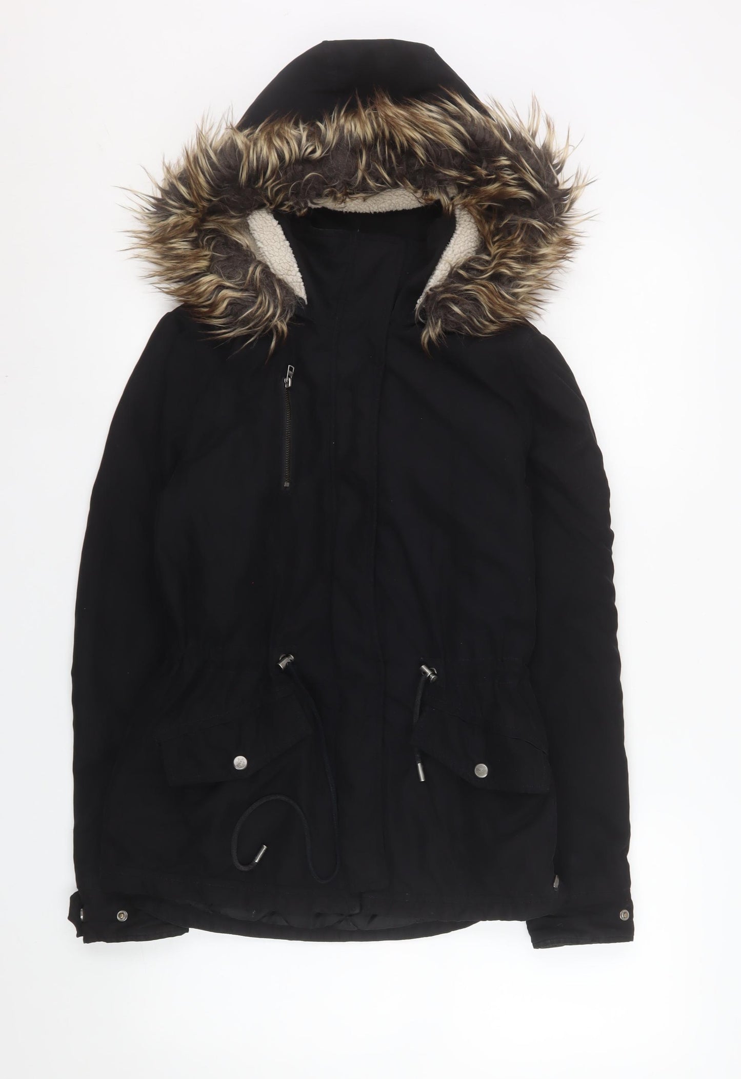 ONLY Womens Black Hooded Faux Fur Trim Parka Jacket XS