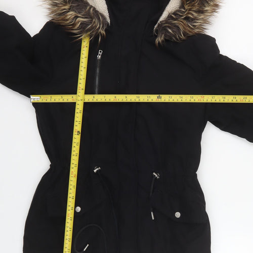 ONLY Womens Black Hooded Faux Fur Trim Parka Jacket XS