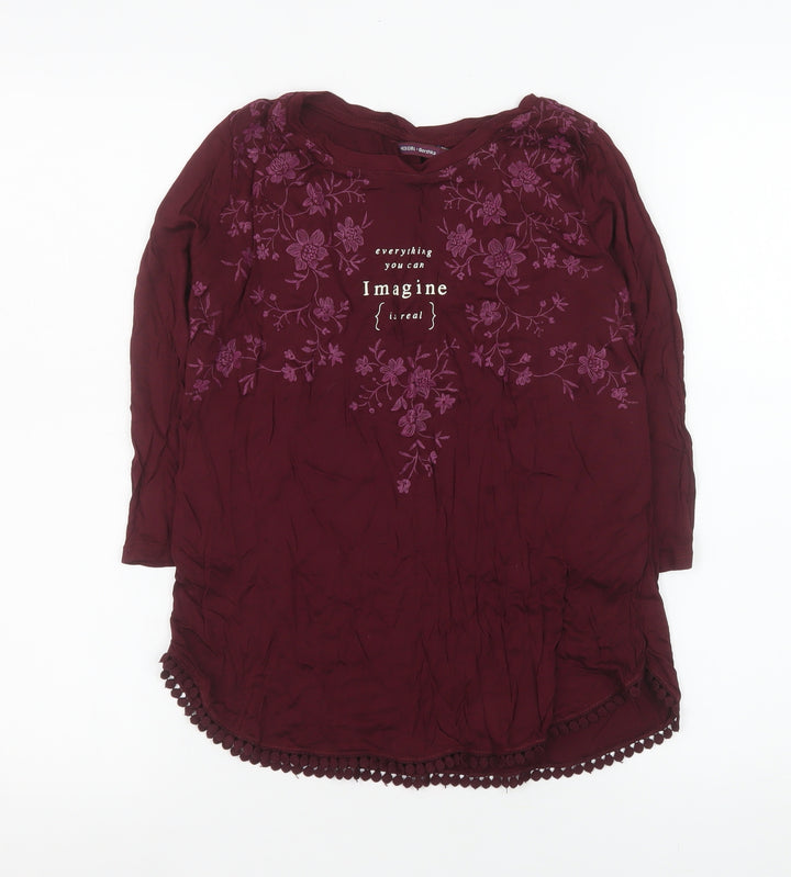 Bershka Women Red Embroidered Floral Tunic Blouse S