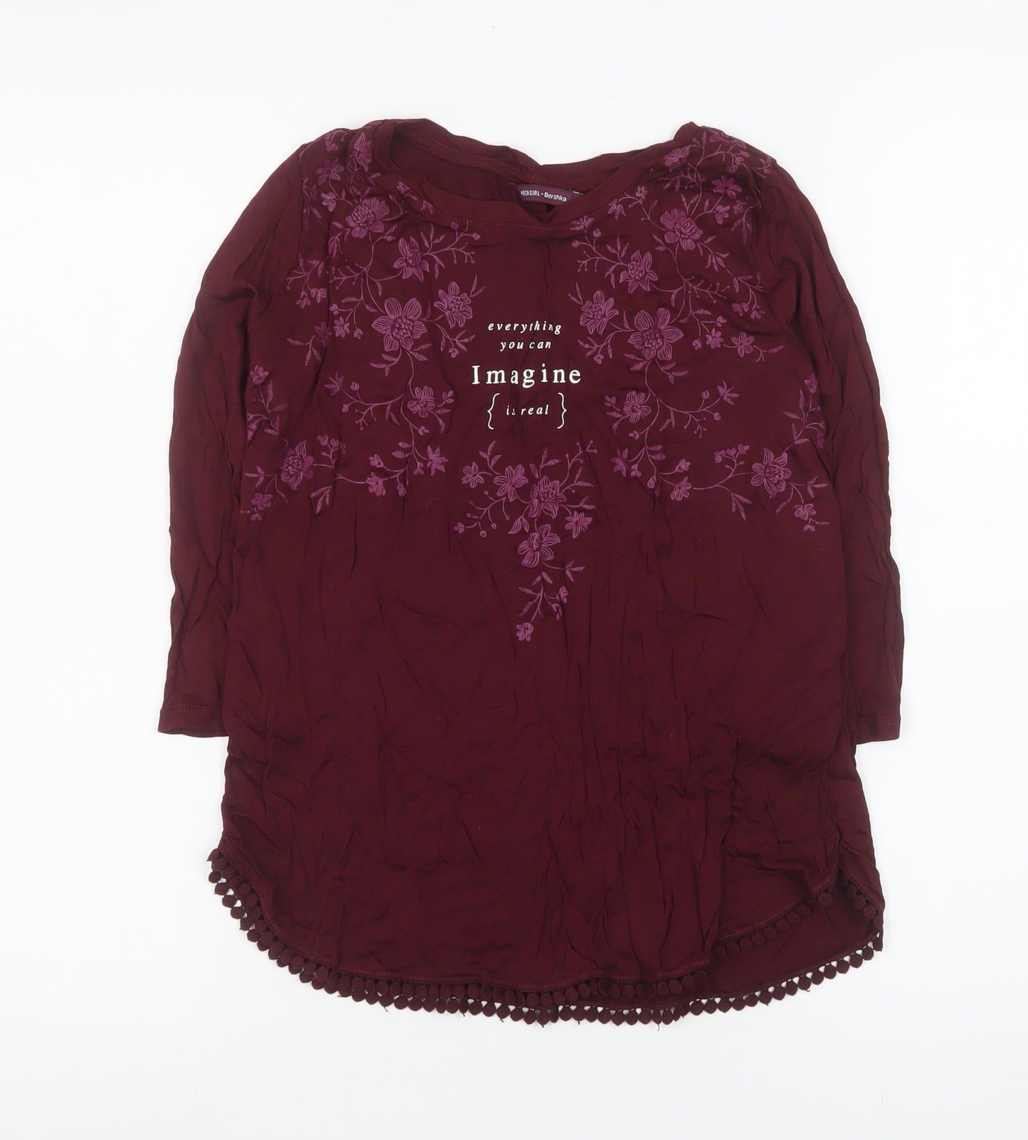 Bershka Women Red Embroidered Floral Tunic Blouse S
