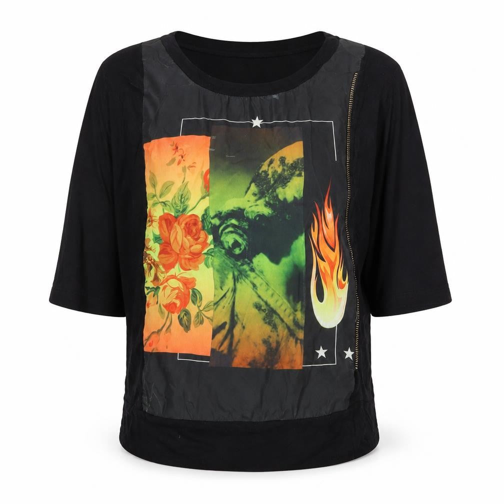 Front view of Red Queen women’s black art print zip t-shirt, size S